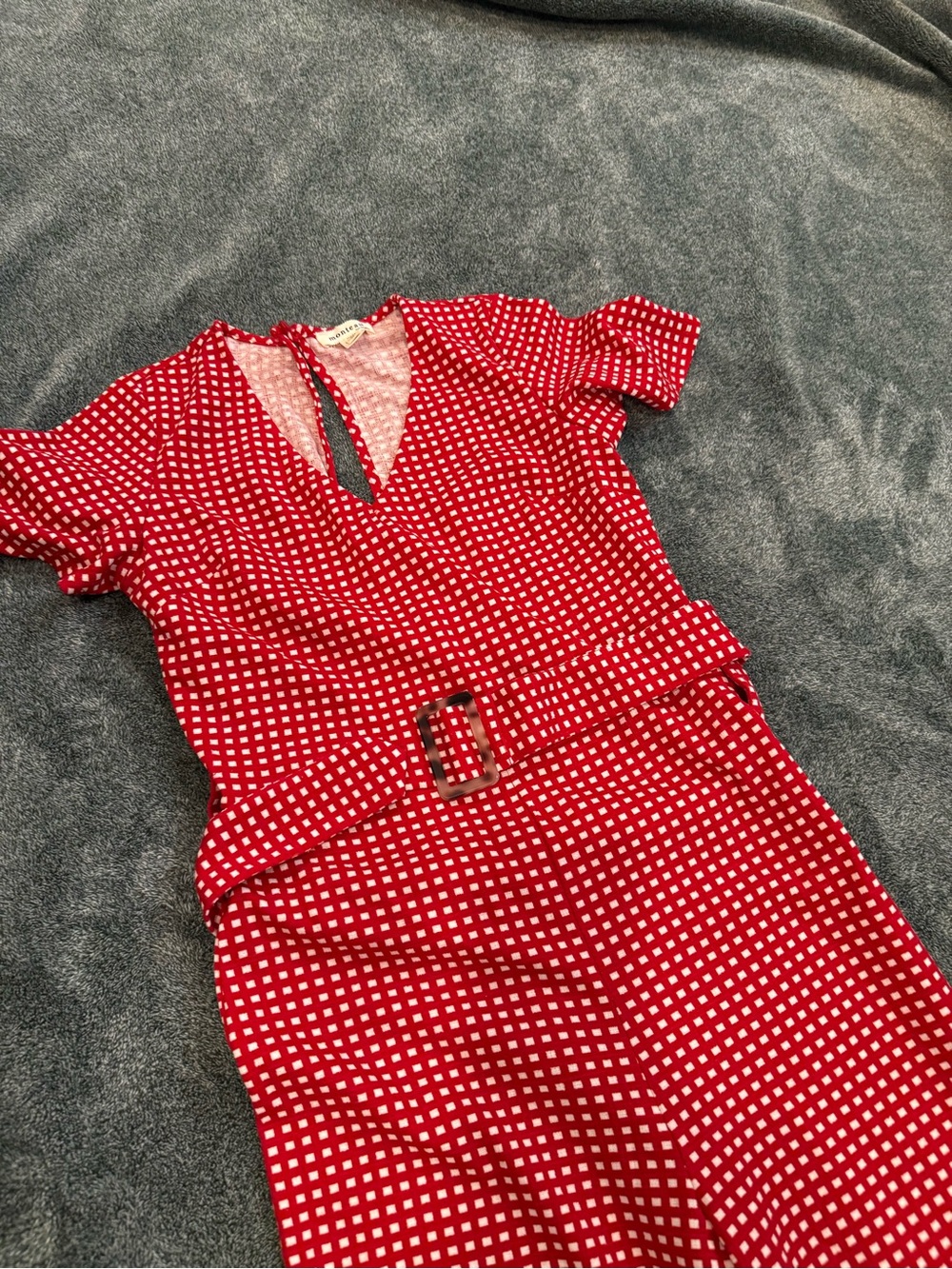 Monteau Red and White Checked Tie-Front Blouse